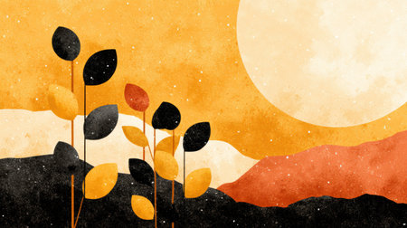 Colorful leaves dance in the foreground while gently rolling mountains rise under a warm sun. This abstract portrayal evokes the beauty of nature.の素材