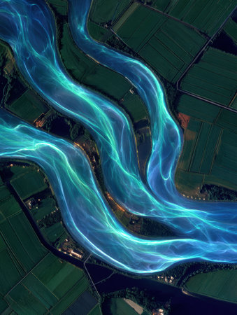 This breathtaking scene captures a winding river with luminous blue tones flowing through vibrant green fields and rural landscapes during daytime.の素材