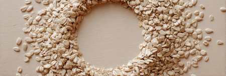 Oat flakes are carefully arranged in a circular pattern on a wooden surface, creating a visually appealing design that highlights their texture and color.の素材