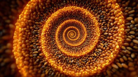 A close-up view showcases a spiral arrangement of seeds in shades of orange and brown, forming a captivating and intricate pattern.の素材