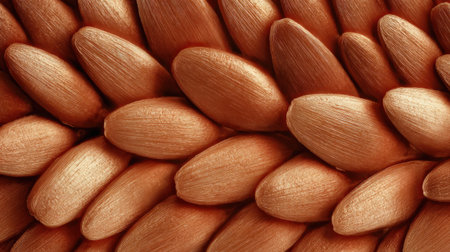A collection of evenly arranged brown seeds showcases their smooth surfaces and unique shapes, perfect for showing natural textures and colors.の素材