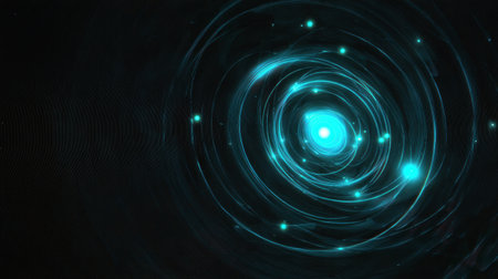 Swirling vortex displaying bright blue light and glowing particles, creating a dynamic cosmic effect, emphasizing motion and energy in a deep space setting.の素材