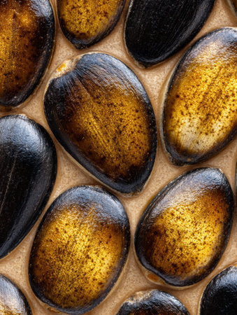 Polished black and brown sea shells are closely arranged on a natural surface, showing their unique patterns and textures in vivid detail.の素材