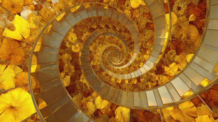 A unique spiral staircase features vibrant golden flowers lining the steps, creating a captivating view from above, showing intricate details and colors.の素材