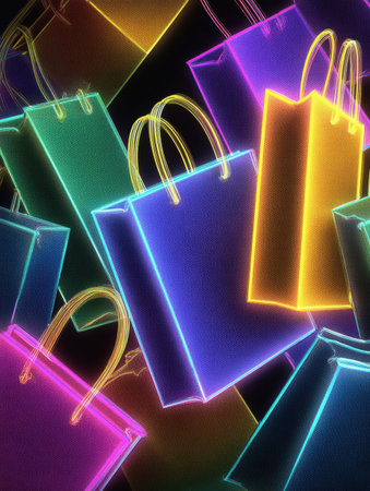 A variety of shopping bags in vibrant colors and neon outlines create an eye-catching scene, reflecting a lively shopping experience in a festive settingの素材