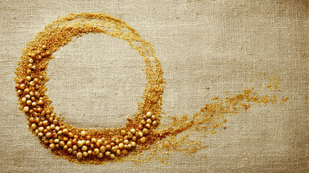 Grains are artistically arranged in a circle on textured fabric, showing natural beauty and creativity in midday light.の素材