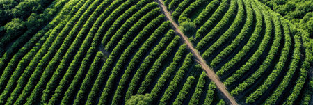 Vibrant green fields stretch across the landscape, showcasing neatly arranged rows of crops with a dirt path meandering through them under bright daylight.の素材