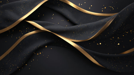 Soft black fabric drapes elegantly with golden ribbons intertwined, sparkling dots enhance the luxurious look, perfect for decorations or special events.の素材
