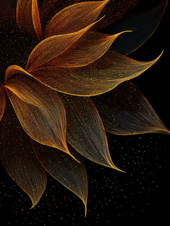 Bright sunflower petals in shades of orange and gold sparkle against a black backdrop, displaying fine lines and textures that invite close inspection.の素材