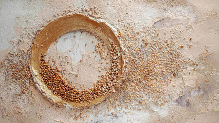 Seeds are artfully scattered around a circular wooden ring on a textured background, creating an organic composition in a workspace setting.の素材