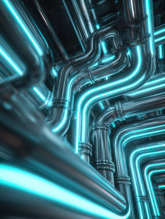Metallic pipes intertwine and glow with neon blue light, creating an intricate and futuristic atmosphere that highlights advanced engineering and technology.の素材