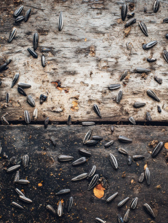 Sunflower seeds are scattered across a weathered wooden surface, showing the textures of nature and the organic materials in a natural setting.の素材
