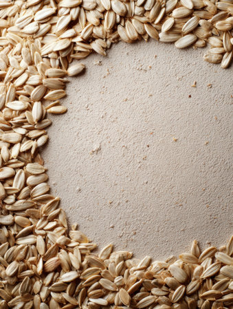 Oats are carefully placed in a circular formation on a light-colored textured surface, displaying their natural shape and color.の素材