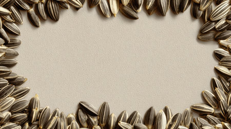 A variety of sunflower seeds is beautifully arranged to create a decorative border on a light-colored background, perfect for culinary displays.の素材