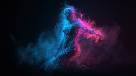 A striking scene depicts a figure of blue and pink particles in a dark setting, exuding energy and a sense of movement.の素材