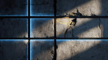A close-up view of a textured wall featuring illuminated lines and shadows, revealing worn surfaces and a sense of depth in an urban environment.の素材