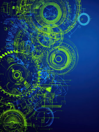Intricate gears and blueprints blend shades of blue and green, representing innovation and creativity in a visually striking manner.の素材