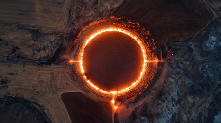 Bright flames encircle a field in a striking formation, highlighting the use of controlled burning to manage crop growth at dusk.の素材