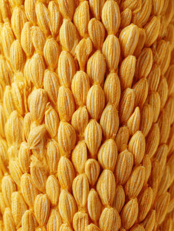 Vibrant yellow corn kernels are tightly packed together, highlighting their texture and detail in this close-up shot, illustrating agricultural beauty.の素材