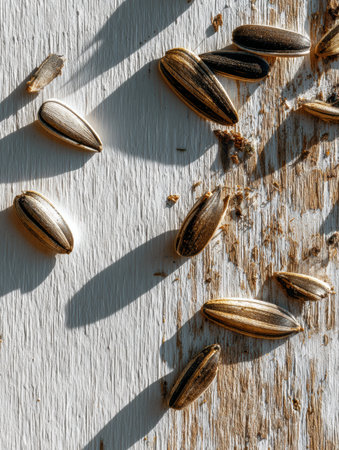 Sunflower seeds rest on a rustic wooden surface, each casting a shadow in the warm afternoon light, creating an inviting and natural scene.の素材
