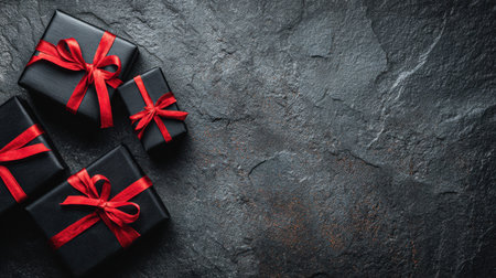 Black gift boxes adorned with red ribbons arranged on a dark, textured background create a festive and elegant display.の素材