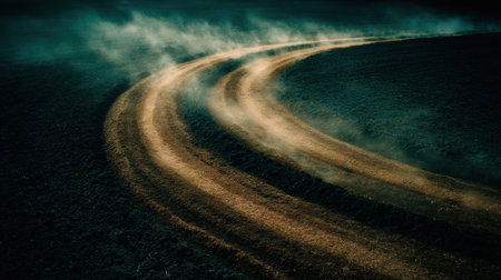 Tire tracks carved into the dark earth reveal a recent journey, with dust rising in the air, creating a moody and evocative atmosphere at dusk.の素材