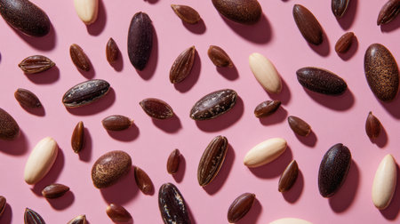 A close-up of diverse seeds scattered on a soft pink surface showcases their unique shapes and colors for nature lovers.の素材