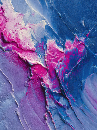 Swirling colors of pink and blue create a striking abstract design, displaying depth and energy through expressive brushstrokes and textures.の素材