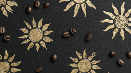 Scattered coffee beans are placed on a black background adorned with gold sun motifs.の素材