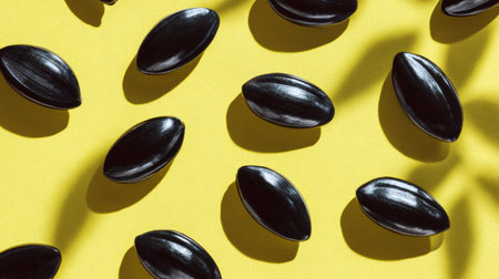 Black seeds are arranged across a vibrant yellow surface, showing their glossy texture and unique shape in an artistic manner, enhancing the visual appeal.の素材