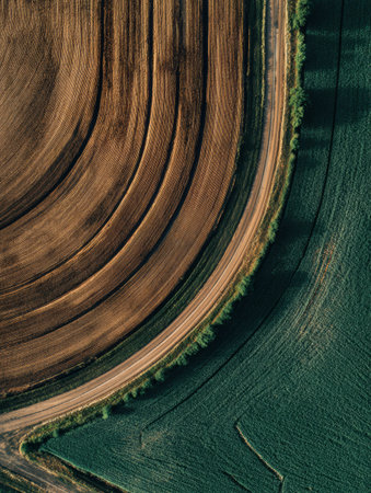 Curved patterns of brown farming land contrast with dense green vegetation, showing the beauty of rural agriculture on a clear day.の素材