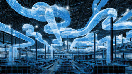 Intricate blue tubing lines the ceiling of a spacious industrial facility, highlighting advanced design concepts and contemporary manufacturing techniques.の素材