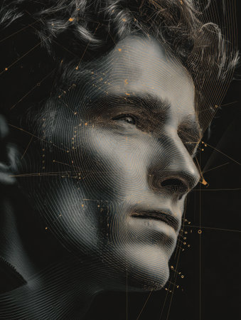 Close-up of a young man with distinct facial features, surrounded by complex lines and geometric shapes that add depth and intrigue to the scene.の素材