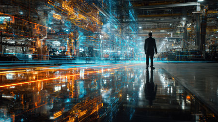 A lone figure stands in a high-tech industrial space, surrounded by bright digital patterns and reflections on the floor in a captivating nighttime scene.の素材