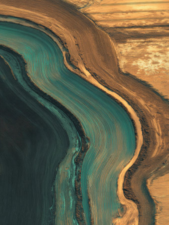 This stunning scene shows the intertwining shapes of land and water, showcasing rich colors and textures during the golden hour light.の素材