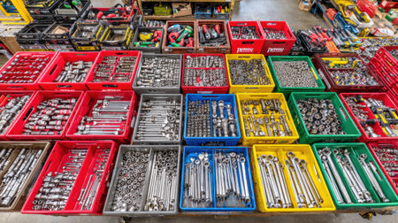 Various tools displayed in organized bins of bright colors, featuring multiple styles of wrenches and sockets in a busy workshop setting.の素材