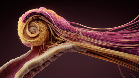 A vibrant abstract design featuring swirling shapes and intricate textures in shades of pink, orange, and yellow, creating a dynamic visual experience.の素材