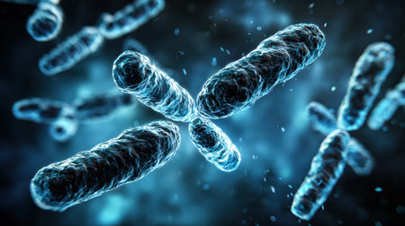 Microscopic bacteria are depicted in vivid detail, illustrating their unique shapes and motion in an abstract environment filled with light and color.の素材