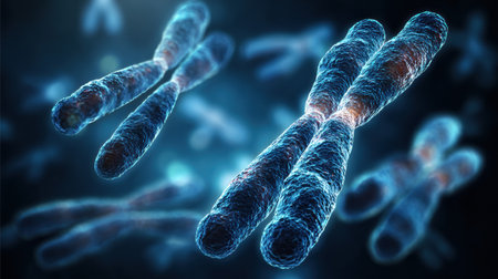 This visual representation displays chromosomes with intricate details, emphasizing their role in genetics and cellular biology in a vibrant scientific context.の素材
