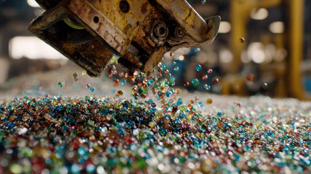 Machinery pours a stream of colorful glass beads onto a surface, showcasing a lively scene in a processing facility filled with vibrant hues.の素材