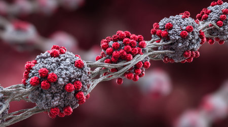 This image features detailed viral particles with red spikes, set against a blurred background that hints at dynamic cellular activity.の素材