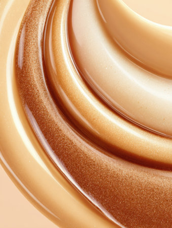Liquid foundation blends together in smooth layers, showing rich and warm tones that create a visually appealing texture under soft lighting.の素材