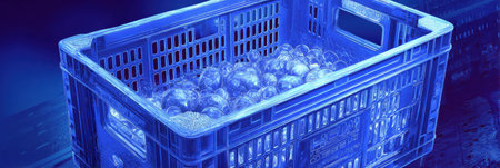 A blue crate filled with various fruits and vegetables sits under bright lights at a bustling local market during late afternoon.の素材