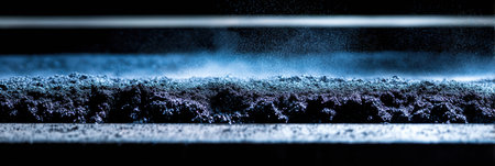 Fine dust particles scatter light, creating an artistic effect on a flat surface, capturing the delicate interplay of shadows and colors in a low-light setting.の素材