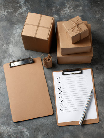 Brown packages and a checklist on a clipboard suggest preparation for shipping or organizing tasks. A pen completes the setup, highlighting productivity.の素材
