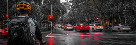 Cyclist waits at a red light at a bustling urban intersection, while cars move through puddles, creating reflections on the wet asphalt.の素材