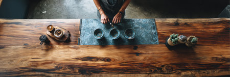 A person is carefully preparing ingredients on a large, smooth wooden table surrounded by warm lighting and a natural ambiance.の素材