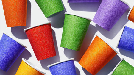 Brightly colored paper cups in vibrant shades of orange, red, green, and purple are scattered on a clean white surface, perfect for celebrations and gatherings.の素材