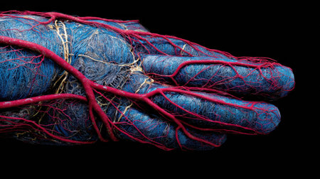 A hand is portrayed with an intricate network of blue and red veins, emphasizing the beauty of human anatomy through a creative and artistic lens.の素材