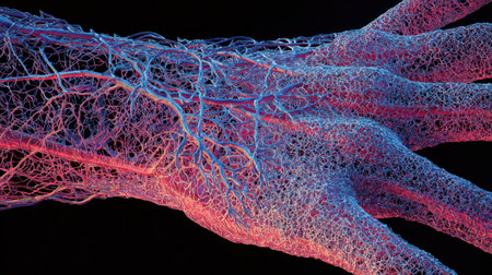 This artwork displays a detailed and colorful representation of a human hands vascular system, emphasizing the complexity of anatomy and biology.の素材